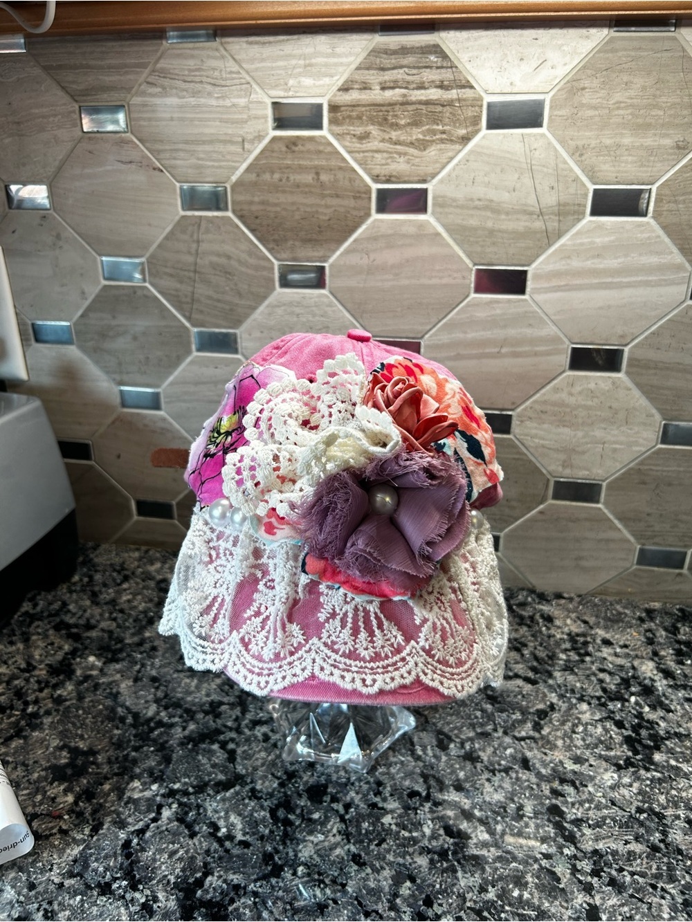 NewHandcrafted Boho Cottagecore Women Pink Lace Floral Baseball Cap OOAK - Picture 5 of 10